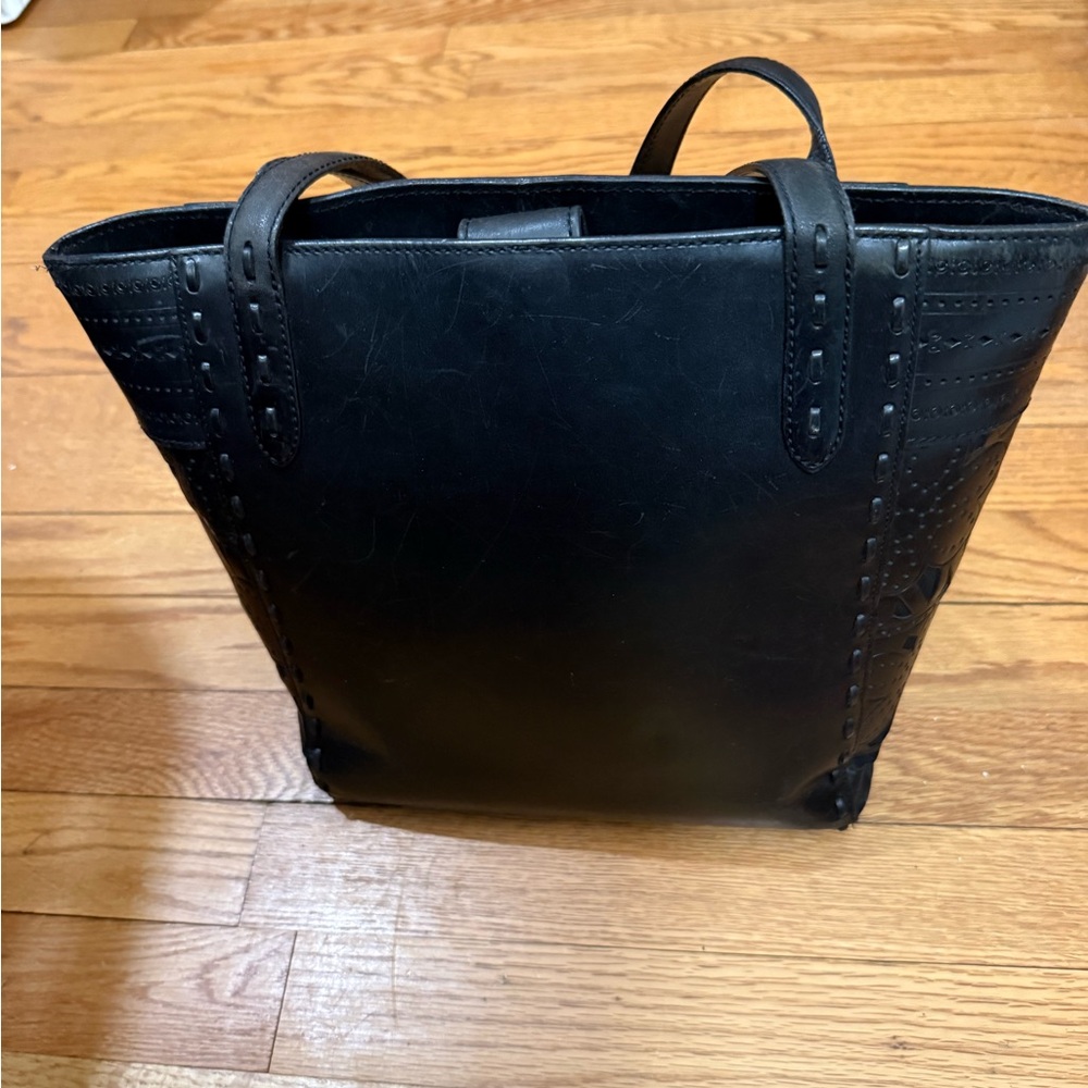 Vintage 1970s Black Leather Hand Bag with Decorative Stitching and Flower cutout